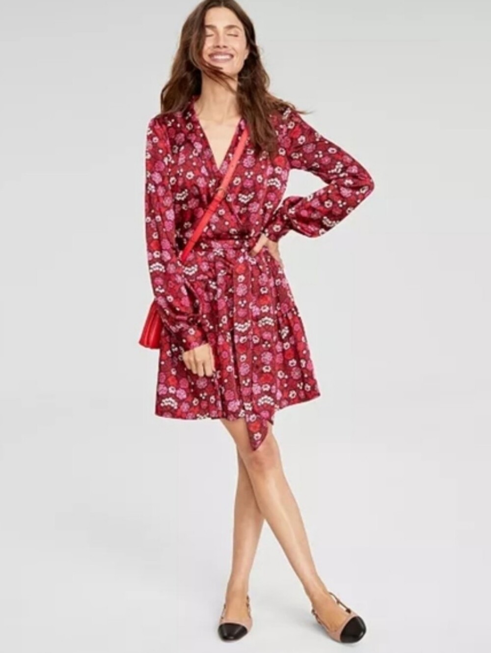 On 34th Satin Floral Red Long Sleeve Collar Dress Sz L